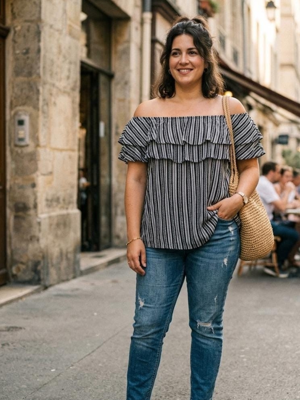 Off-Shoulder Ruffled Stripe Top - Black & White